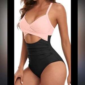 NWT Eomenie From Amazon One Piece Swimsuit Wrap Tie Pink And Black Size M